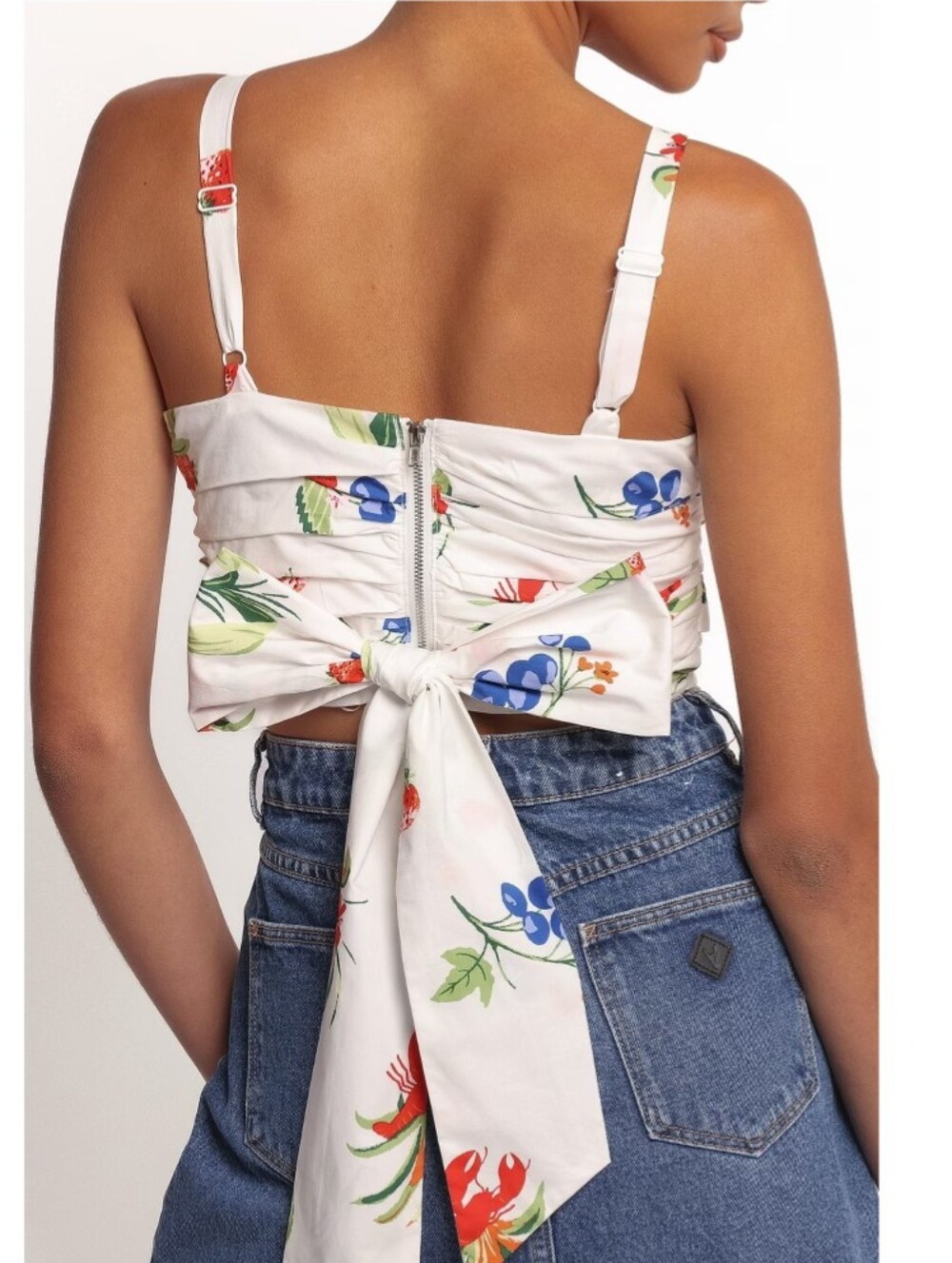 Petal & Pup Coastal Fruit Print Tie Back Ruched Crop Top White Cotton Size Small